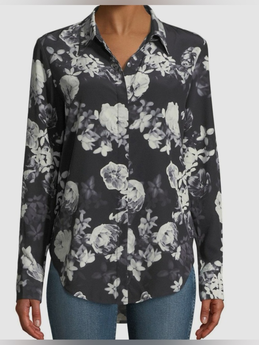 Theory Sunaya Floral Photo Button-Front Silk Blouse size P
